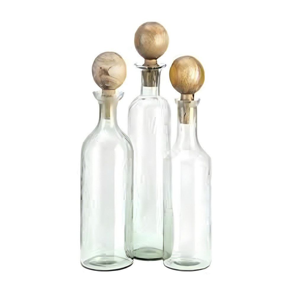 Hazie Decorative Glass Bottles Set of 3, Mango Wood Tops, 16 and 18 Inch - BM350339