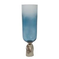 Joane Tall Decorative Vase, Gold Aluminum Stand, Blue-White Glass 21 Inch - BM350340