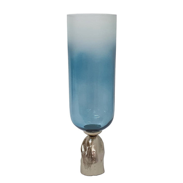 Joane Tall Decorative Vase, Gold Aluminum Stand, Blue-White Glass 21 Inch - BM350340
