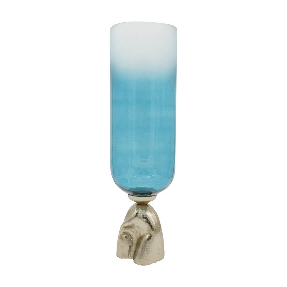 Joane Tall Decorative Vase, Gold Aluminum Stand, Blue-White Glass 21 Inch - BM350340