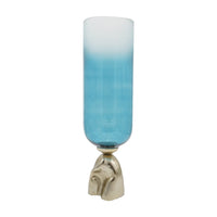 Joane Tall Decorative Vase, Gold Aluminum Stand, Blue-White Glass 21 Inch - BM350340