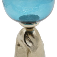 Joane Tall Decorative Vase, Gold Aluminum Stand, Blue-White Glass 21 Inch - BM350340