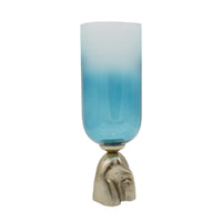 Joane Small Decorative Vase, Gold Aluminum Stand, Blue-White Glass 18 Inch - BM350341