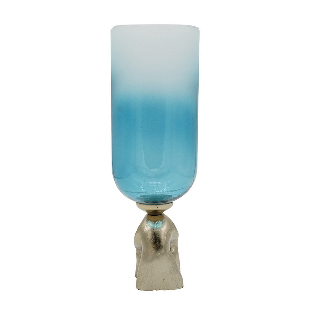 Joane Small Decorative Vase, Gold Aluminum Stand, Blue-White Glass 18 Inch - BM350341