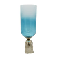 Joane Small Decorative Vase, Gold Aluminum Stand, Blue-White Glass 18 Inch - BM350341