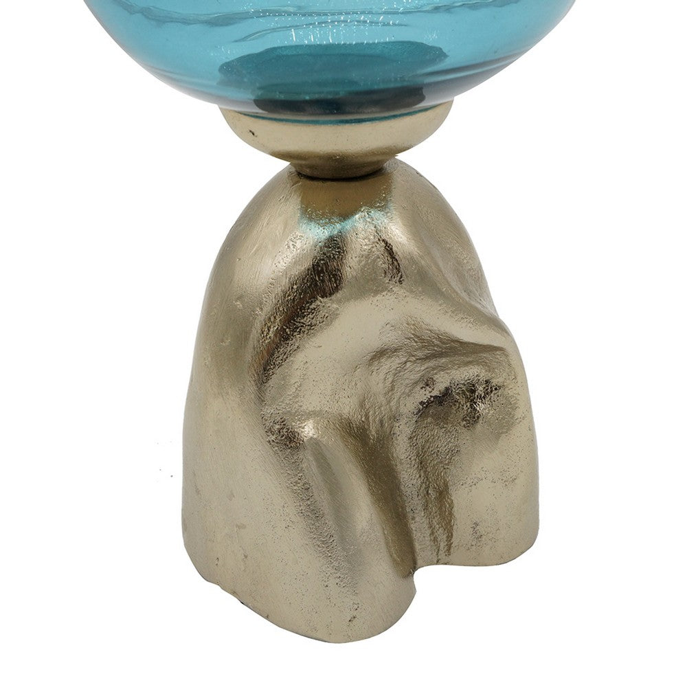 Joane Small Decorative Vase, Gold Aluminum Stand, Blue-White Glass 18 Inch - BM350341