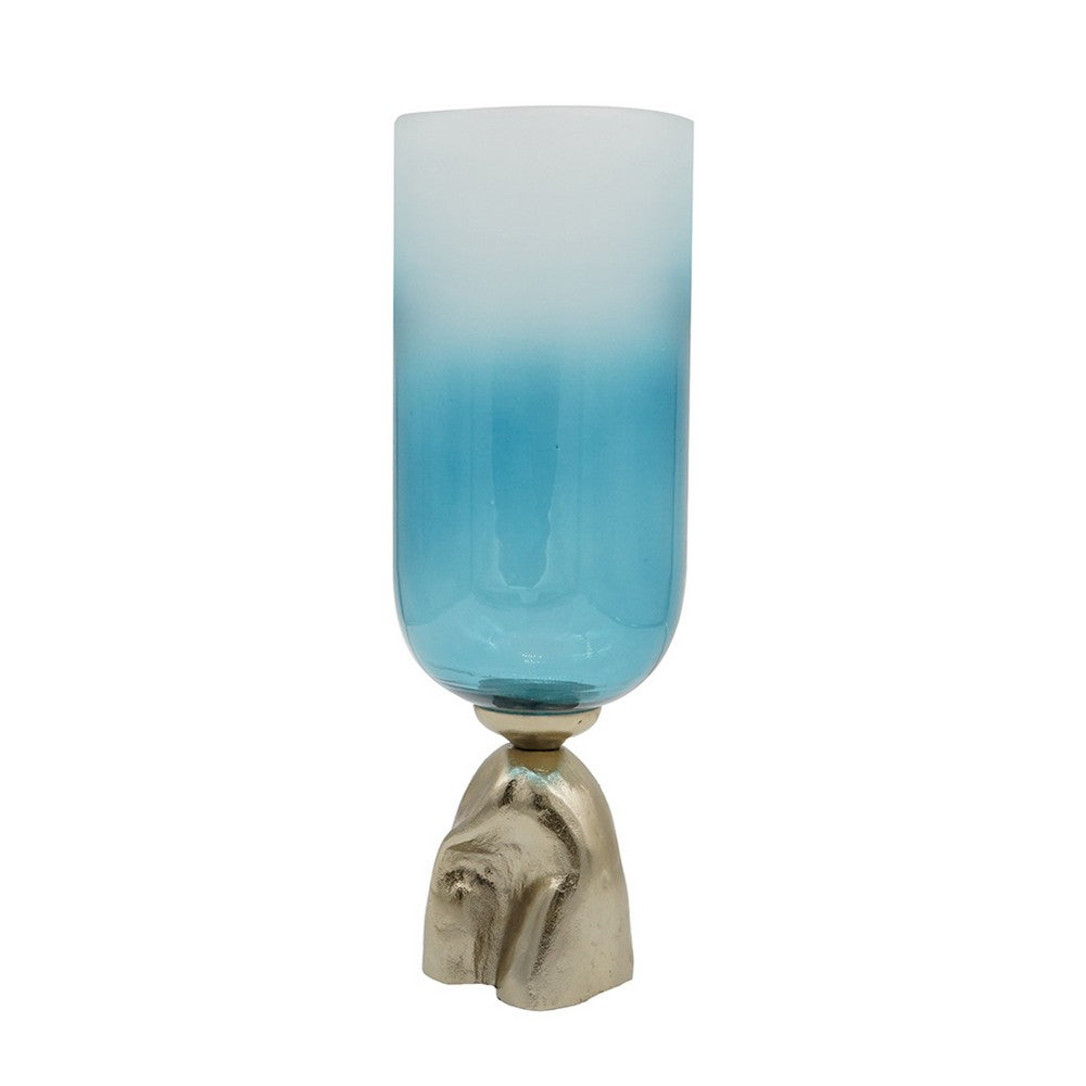 Joane Small Decorative Vase, Gold Aluminum Stand, Blue-White Glass 18 Inch - BM350341