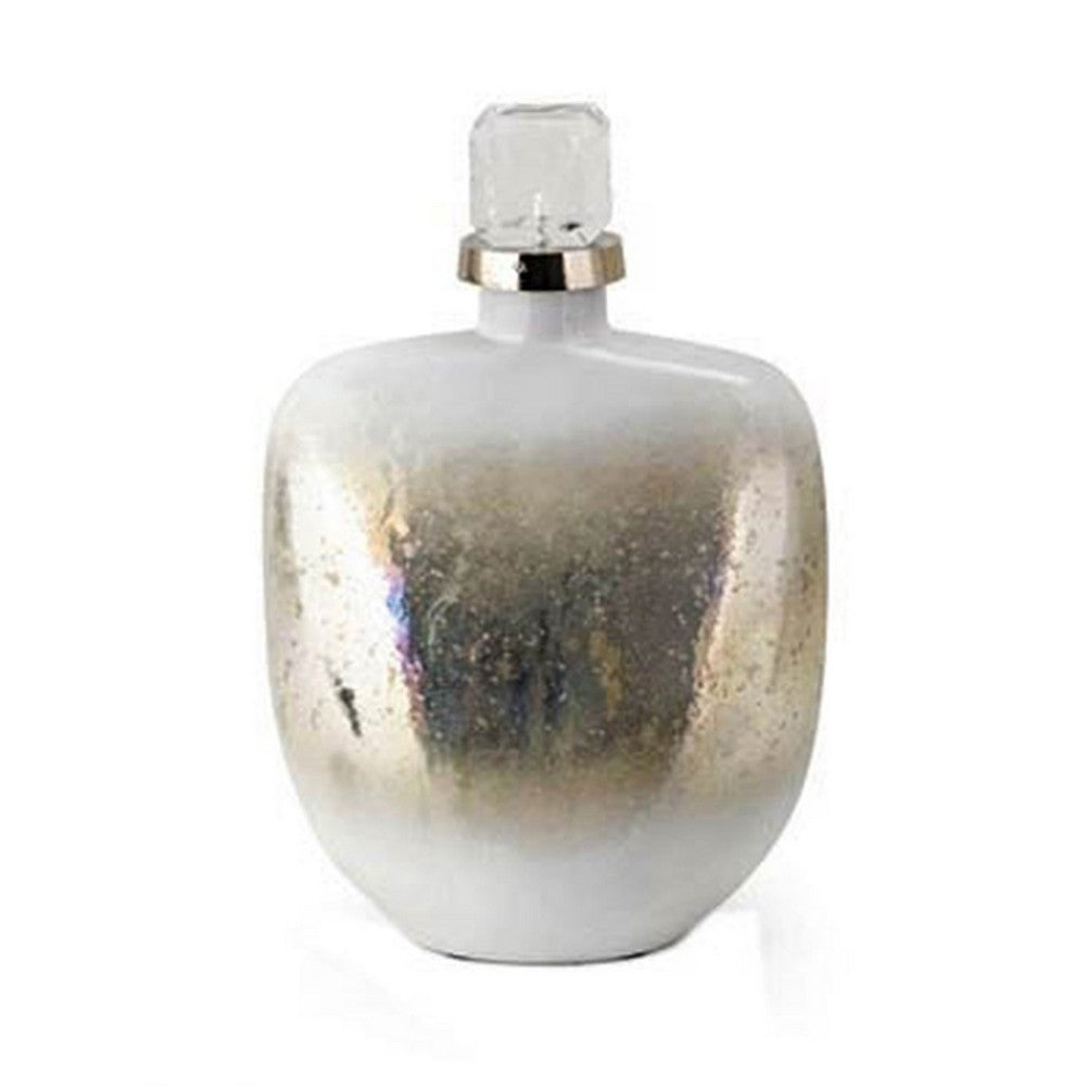 Akky Decorative Bottle with Lid, Aluminum Collar Silver-White Glass 13 Inch - BM350342