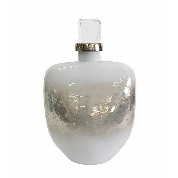 Akky Decorative Bottle with Lid, Aluminum Collar Silver-White Glass 13 Inch - BM350342