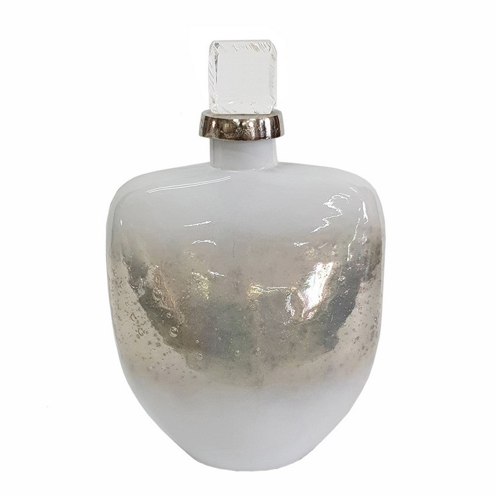 Akky Decorative Bottle with Lid, Aluminum Collar Silver-White Glass 13 Inch - BM350342