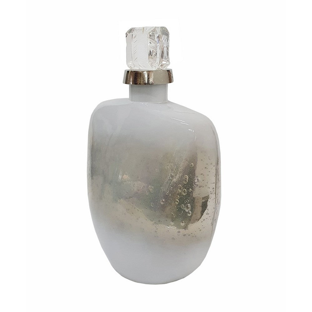 Akky Decorative Bottle with Lid, Aluminum Collar Silver-White Glass 13 Inch - BM350342