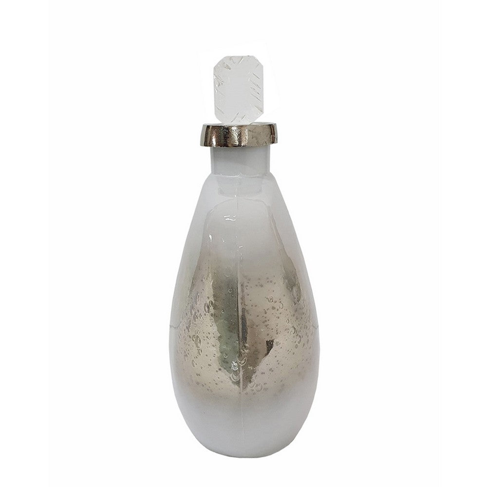 Akky Decorative Bottle with Lid, Aluminum Collar Silver-White Glass 13 Inch - BM350342