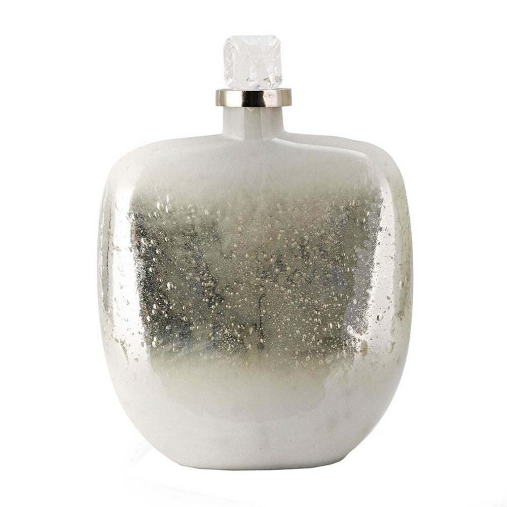 Akky Decorative Bottle with Lid, Aluminum Collar Silver-White Glass 16 Inch - BM350343