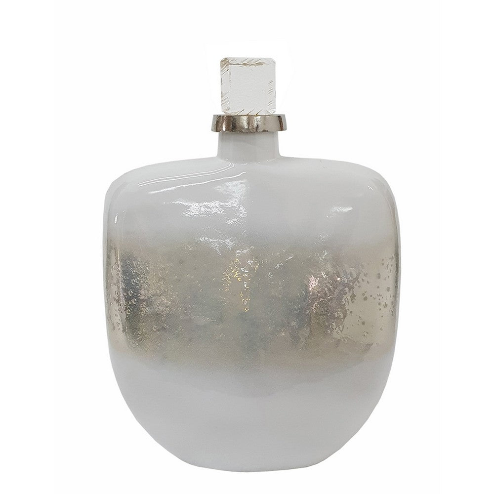 Akky Decorative Bottle with Lid, Aluminum Collar Silver-White Glass 16 Inch - BM350343
