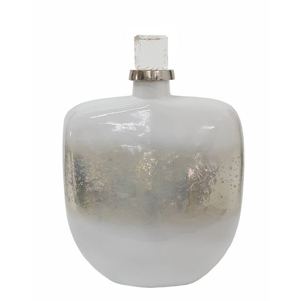 Akky Decorative Bottle with Lid, Aluminum Collar Silver-White Glass 16 Inch - BM350343