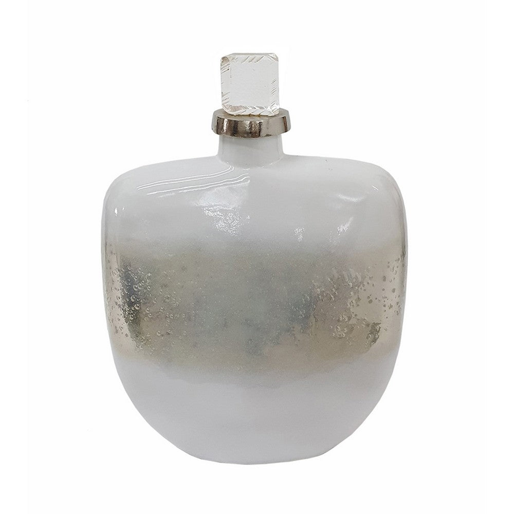 Akky Decorative Bottle with Lid, Aluminum Collar Silver-White Glass 16 Inch - BM350343