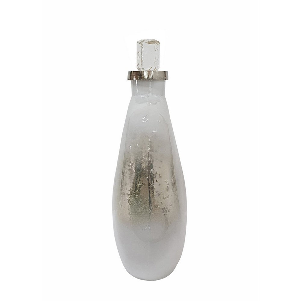 Akky Decorative Bottle with Lid, Aluminum Collar Silver-White Glass 16 Inch - BM350343