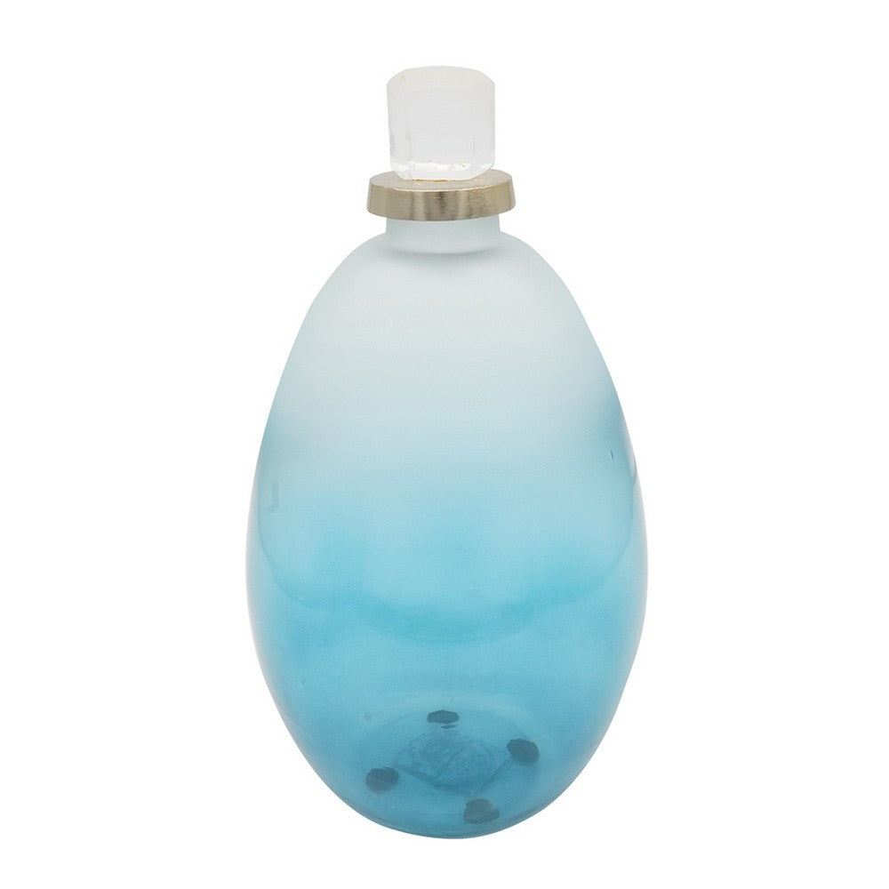 Ethan Decorative Bottle with Lid, Gold Metal Detail, Blue-White Glass 15in - BM350344