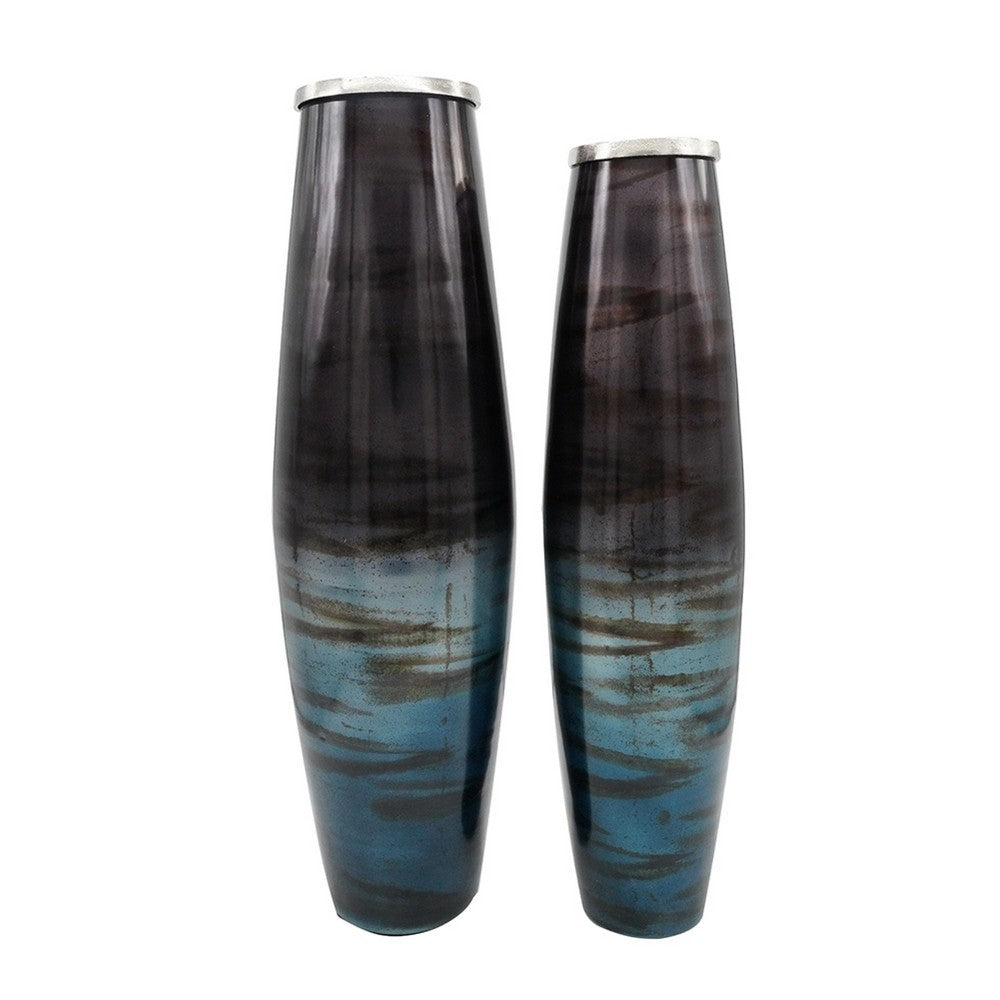 Viena Decorative Vase Set of 2, Aluminum Rim, Layered Blue Glass - BM350346