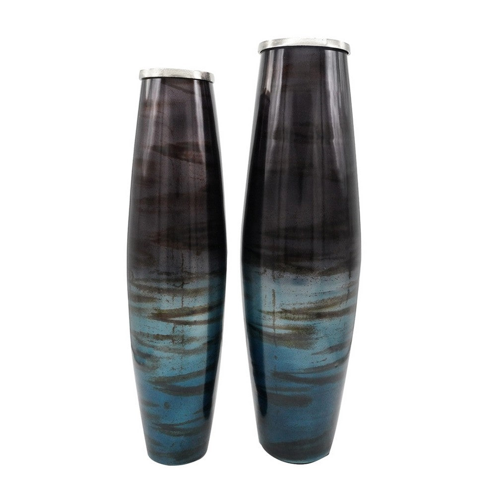 Viena Decorative Vase Set of 2, Aluminum Rim, Layered Blue Glass - BM350346