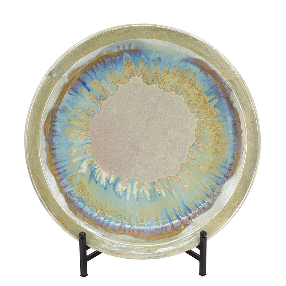 Duke Decorative Charger Plate with Stand, Blue Beige Ceramic 18 inch - BM350348