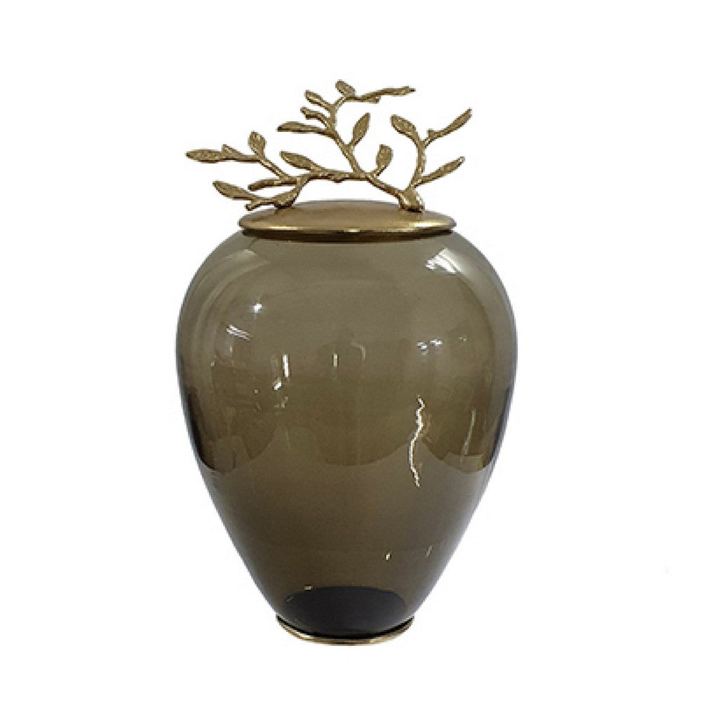 Abby Decorative Jar with Gold Aluminum-Brass Leaf Lid, Green Glass 14 Inch - BM350354