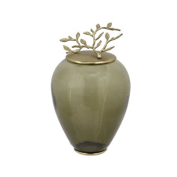 Abby Decorative Jar with Gold Aluminum-Brass Leaf Lid, Green Glass 14 Inch - BM350354