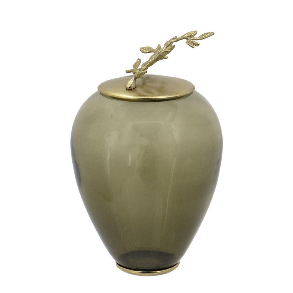 Abby Decorative Jar with Gold Aluminum-Brass Leaf Lid, Green Glass 14 Inch - BM350354