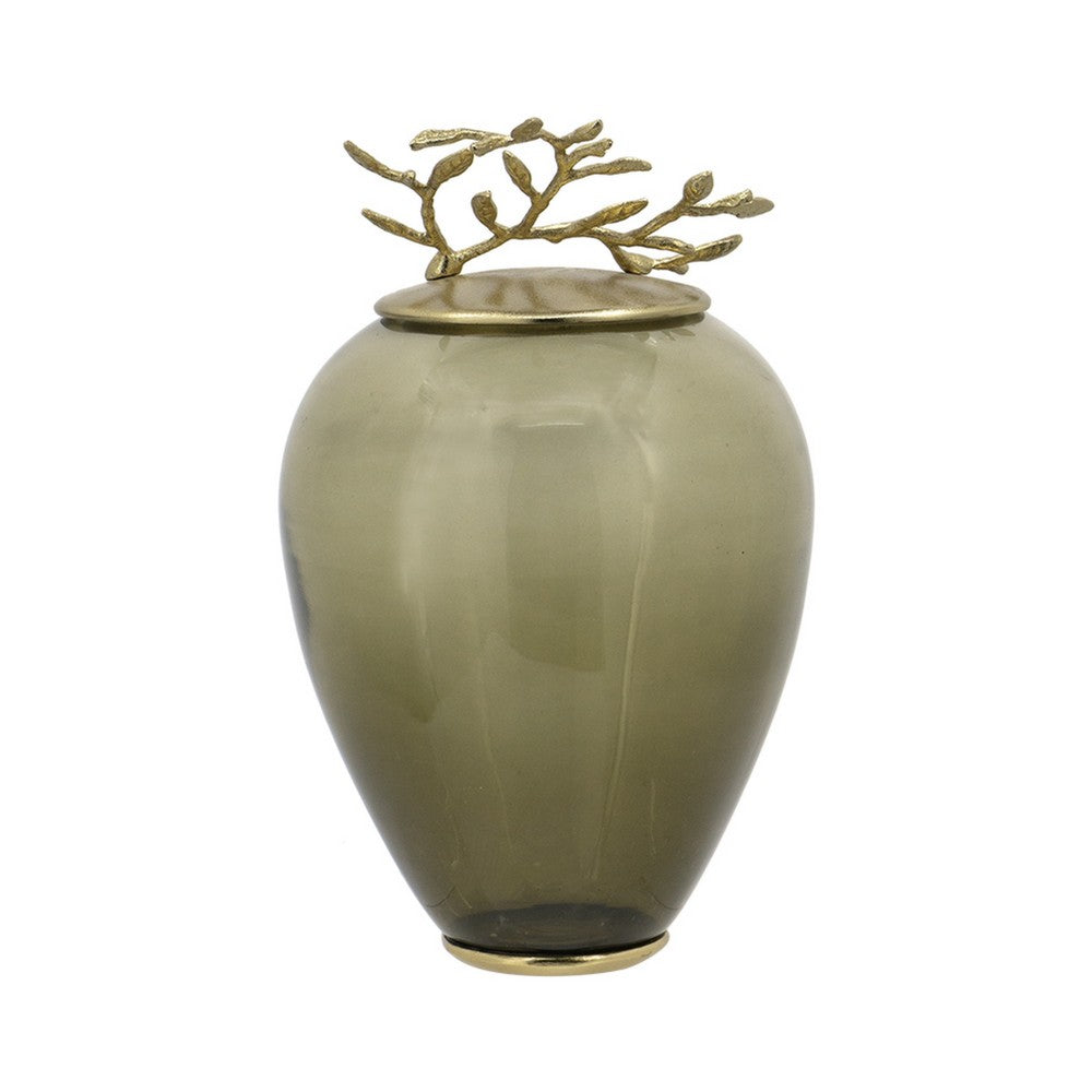Abby Decorative Jar with Gold Aluminum-Brass Leaf Lid, Green Glass 14 Inch - BM350354