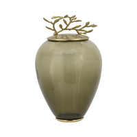 Abby Decorative Jar with Gold Aluminum-Brass Leaf Lid, Green Glass 14 Inch - BM350354