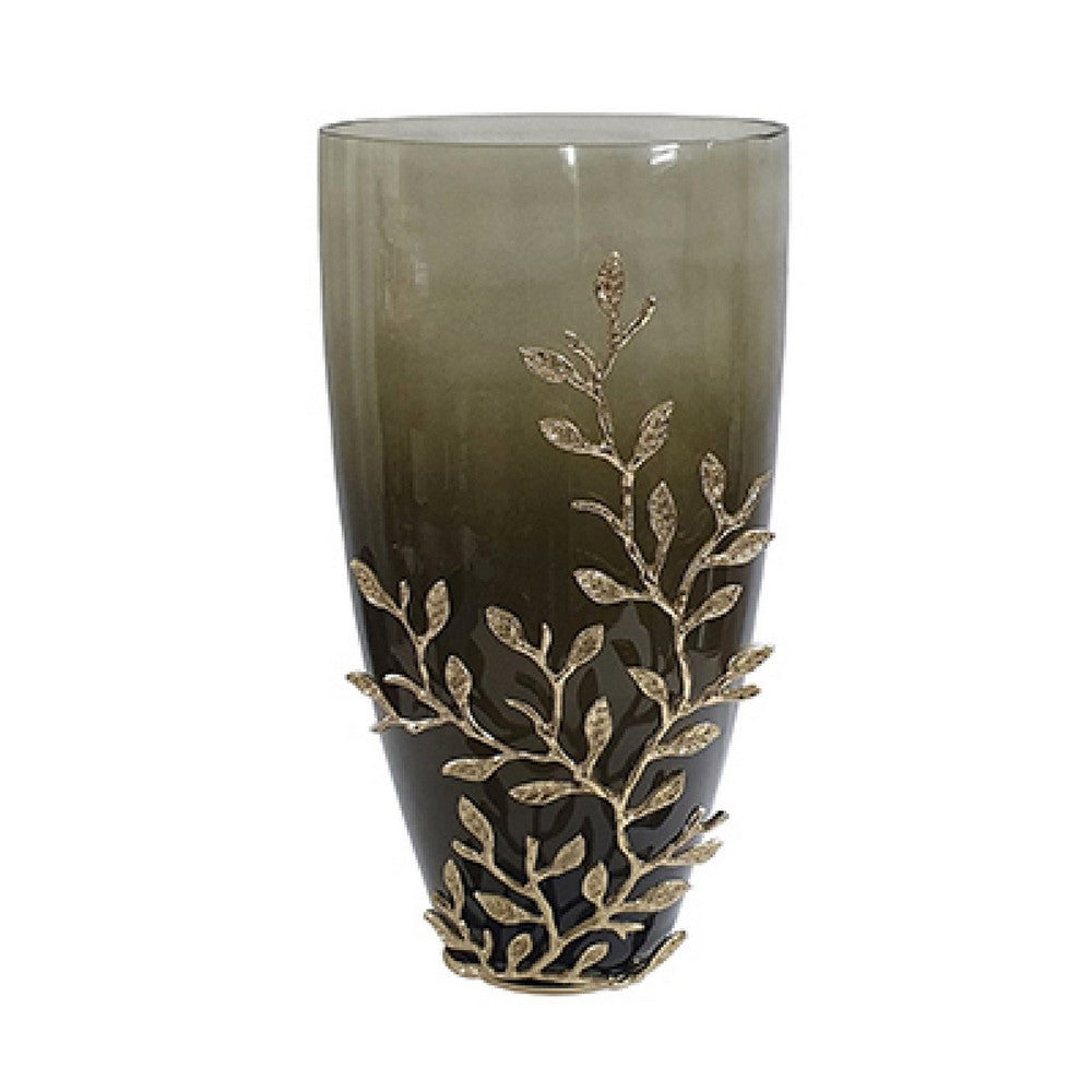 Keath Large Vase with Gold Capri Leaf Design, Brass, Green Glass 15 Inch - BM350355