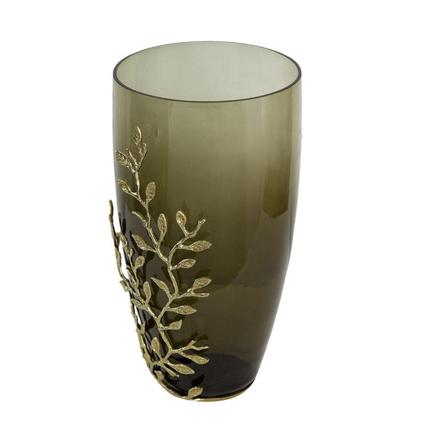 Keath Large Vase with Gold Capri Leaf Design, Brass, Green Glass 15 Inch - BM350355