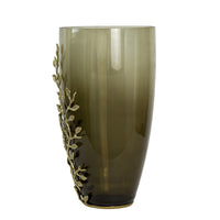 Keath Large Vase with Gold Capri Leaf Design, Brass, Green Glass 15 Inch - BM350355