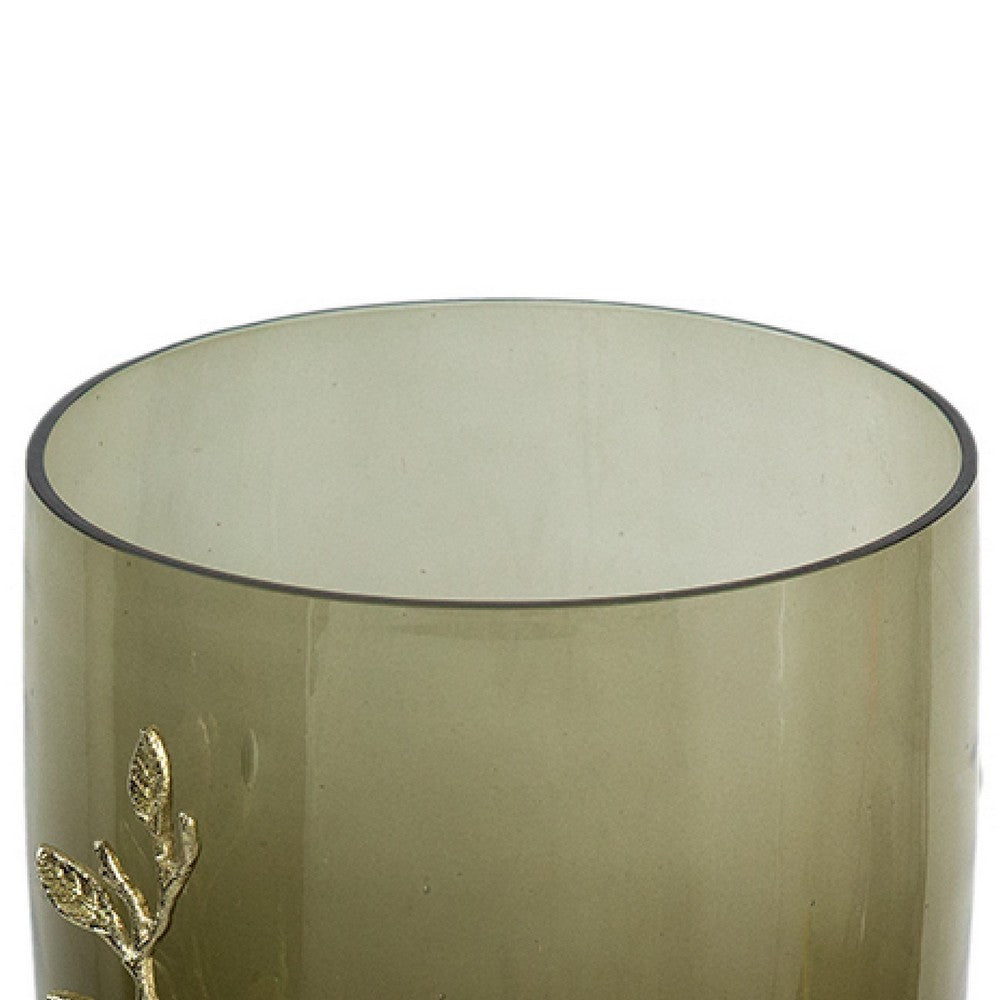 Keath Large Vase with Gold Capri Leaf Design, Brass, Green Glass 15 Inch - BM350355