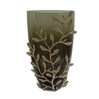 Keath Small Vase with Gold Capri Leaf Design, Brass, Green Glass 11 Inch - BM350356