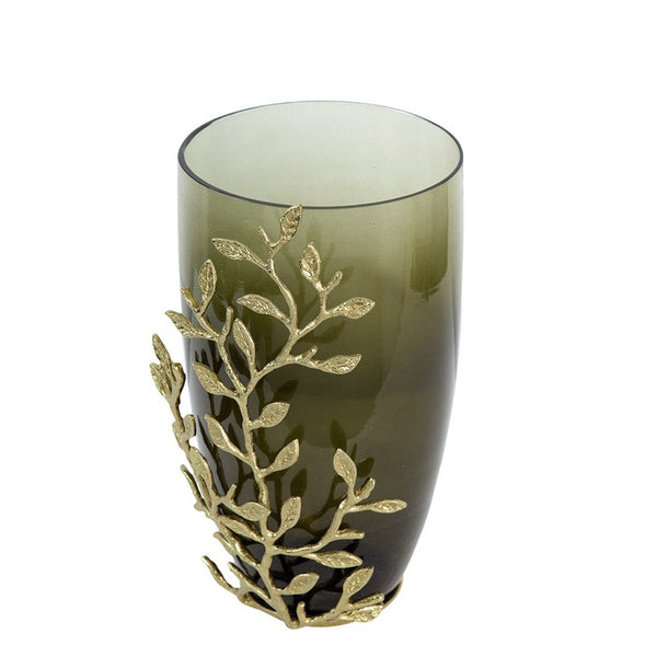 Keath Small Vase with Gold Capri Leaf Design, Brass, Green Glass 11 Inch - BM350356