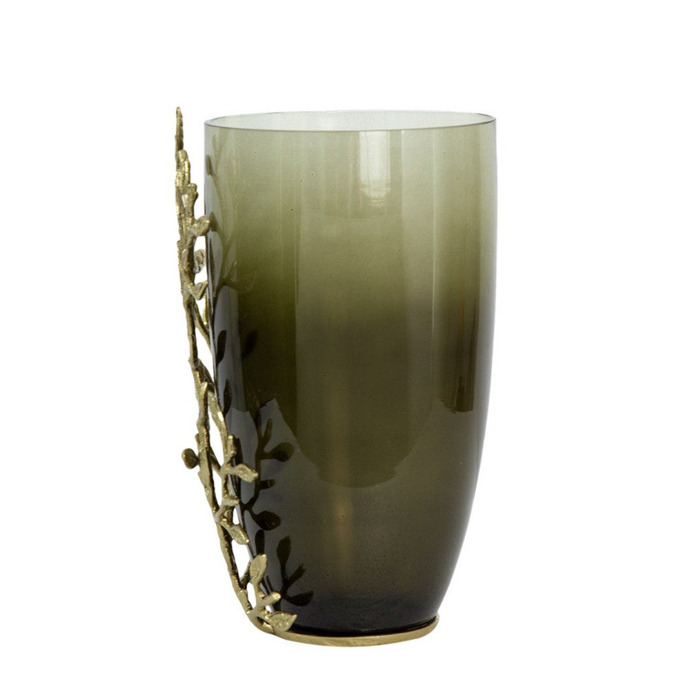 Keath Small Vase with Gold Capri Leaf Design, Brass, Green Glass 11 Inch - BM350356