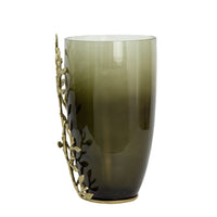 Keath Small Vase with Gold Capri Leaf Design, Brass, Green Glass 11 Inch - BM350356