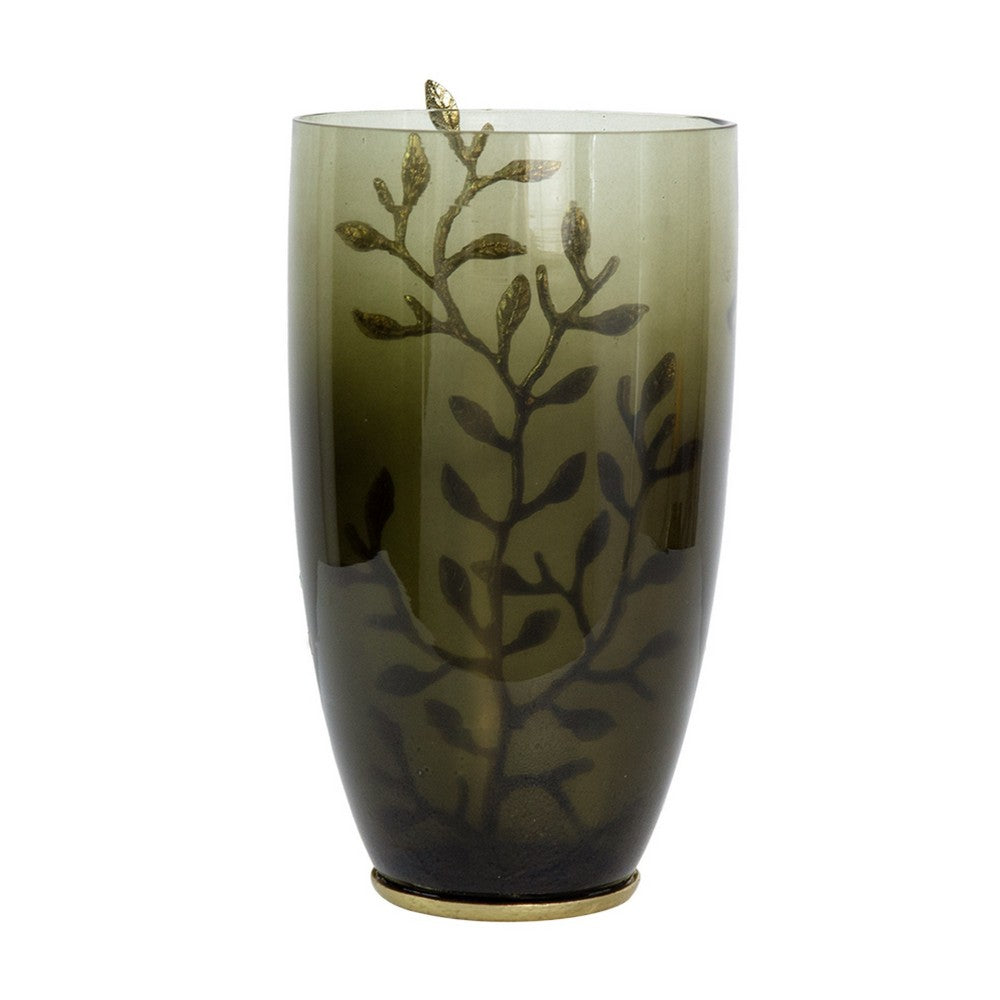 Keath Small Vase with Gold Capri Leaf Design, Brass, Green Glass 11 Inch - BM350356