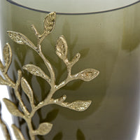 Keath Small Vase with Gold Capri Leaf Design, Brass, Green Glass 11 Inch - BM350356