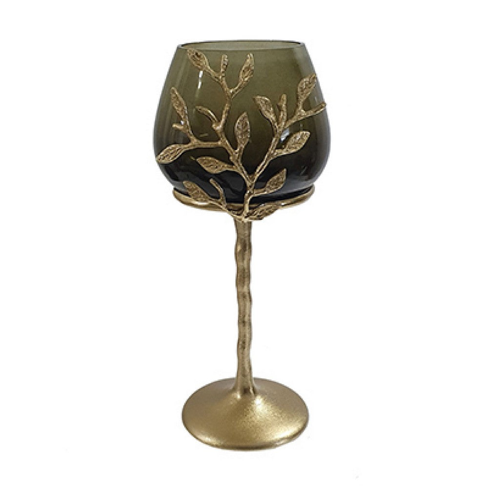 Keanu Small Candle Holder, Gold Capri Leaf Brass, Green Glass 13 Inch - BM350357