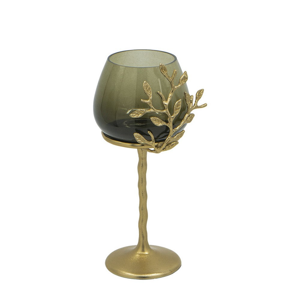 Keanu Small Candle Holder, Gold Capri Leaf Brass, Green Glass 13 Inch - BM350357
