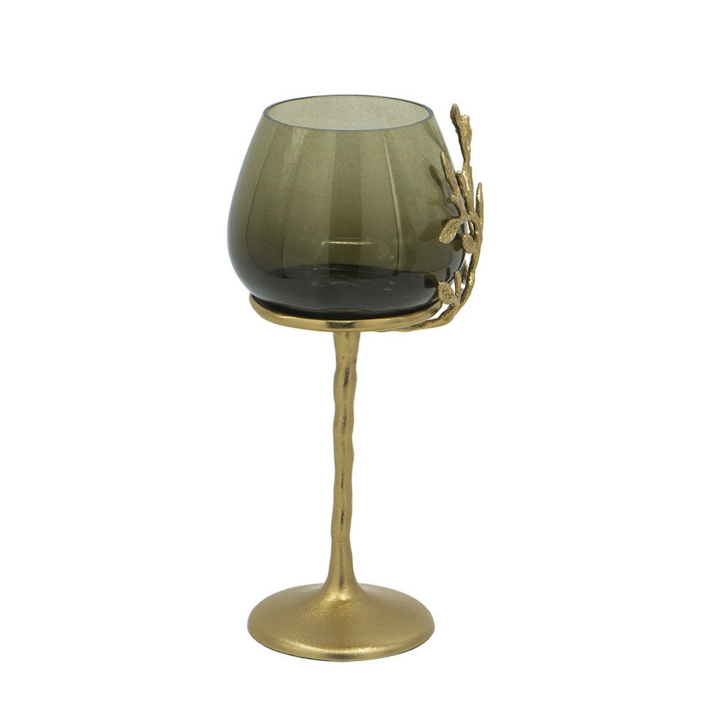 Keanu Small Candle Holder, Gold Capri Leaf Brass, Green Glass 13 Inch - BM350357