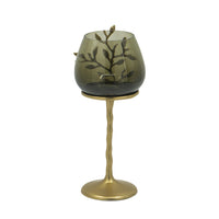 Keanu Small Candle Holder, Gold Capri Leaf Brass, Green Glass 13 Inch - BM350357