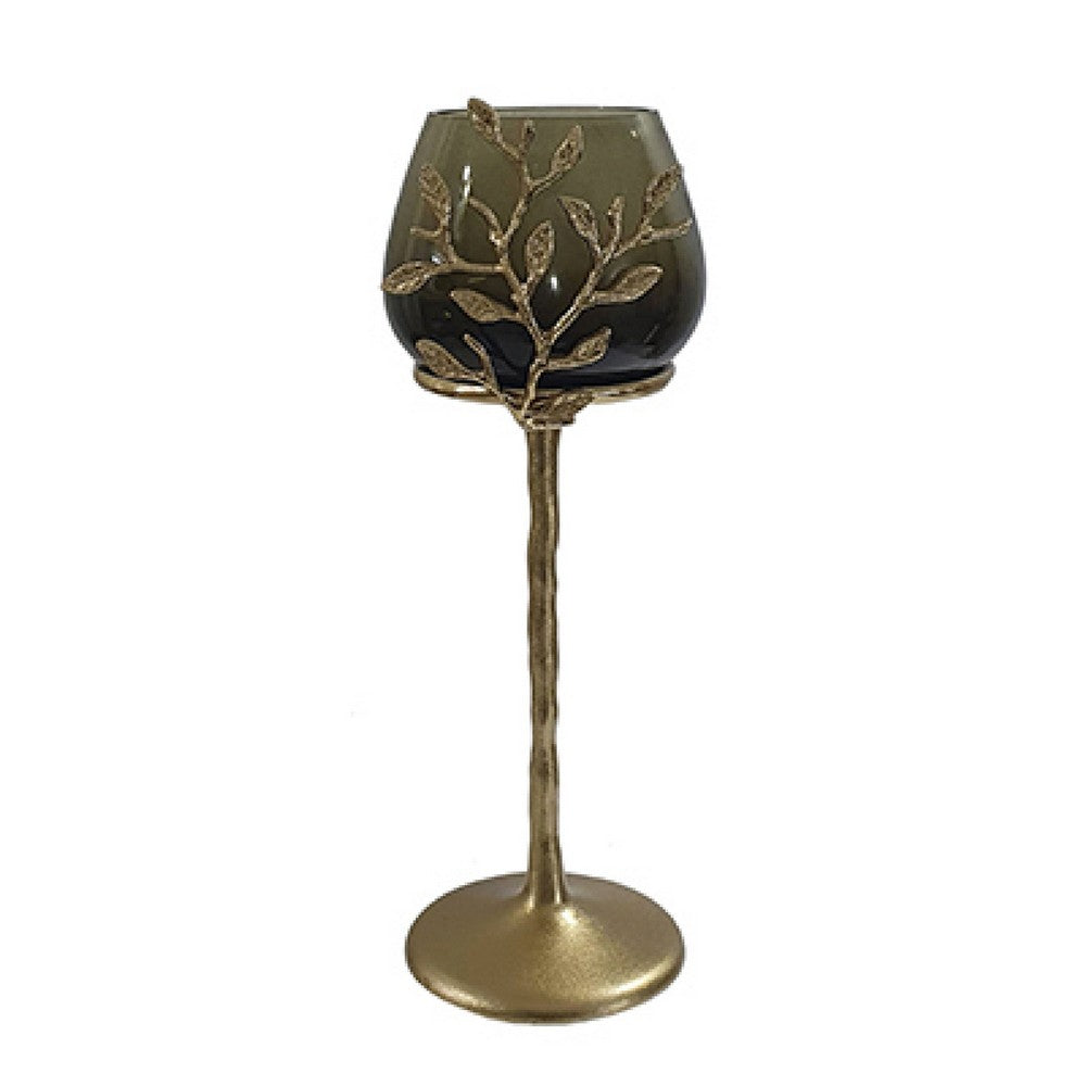 Keanu Large Candle Holder, Gold Capri Leaf Brass, Green Glass 16 Inch - BM350358