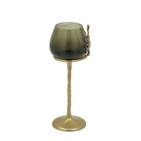 Keanu Large Candle Holder, Gold Capri Leaf Brass, Green Glass 16 Inch - BM350358