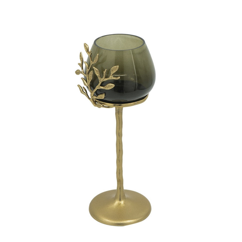 Keanu Large Candle Holder, Gold Capri Leaf Brass, Green Glass 16 Inch - BM350358