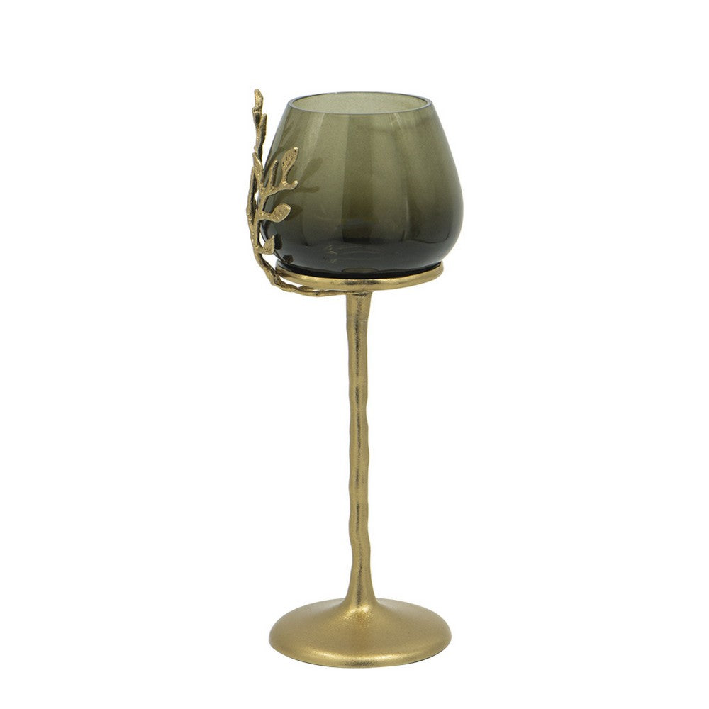 Keanu Large Candle Holder, Gold Capri Leaf Brass, Green Glass 16 Inch - BM350358