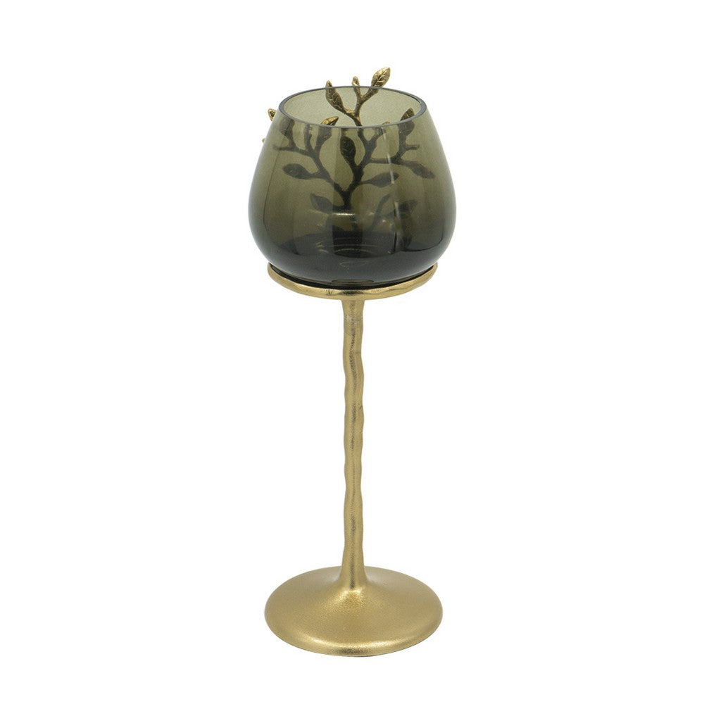 Keanu Large Candle Holder, Gold Capri Leaf Brass, Green Glass 16 Inch - BM350358