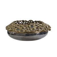 Brian Decorative Bowl with Gold Aluminum Sculpted Lid, Black Glass 12 Inch - BM350359